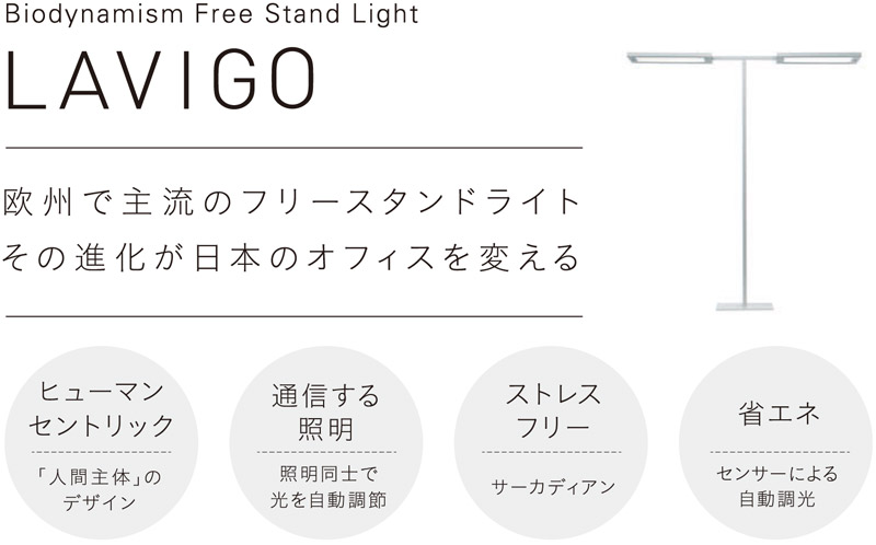 Biodynamism Free Stand Light LAVIGO　欧州で主流のフリースタンドライト　その進化が日本のオフィスを変える、ヒューマンセントリック　「人間主体」のデザイン、通信する照明　照明同士で光を自動調節、ストレスフリー　サーカディアン、省エネ　センサーによる自動調光