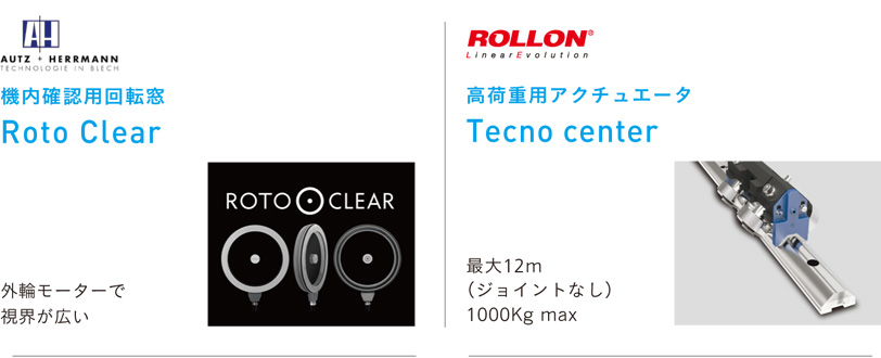 AUTZ HERRMANN 機内確認用回転窓 Roto Clear 外輪モーターで視界が広い
ROLLON 高荷重用アクチュエータ Tecno center 最大12m（ジョイントなし）1000Kg max