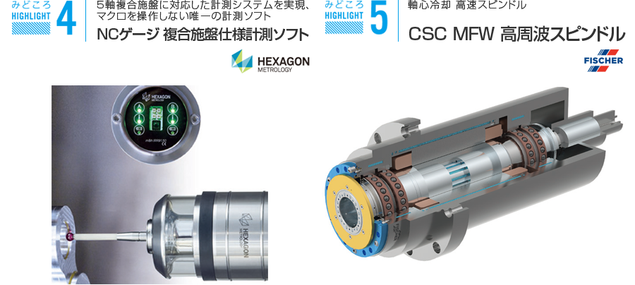 みどころ4　5軸複合施盤に対応した計測システムを実現、マクロを操作しない唯一の計測ソフト NCゲージ 複合施盤仕様計測ソフト みどころ5　軸心冷却 高速スピンドル CSC MFW 高周波スピンドル