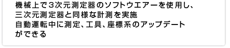 機械上で3次元測定器のソフトウエアーを使用し、三次元測定器と同様な計測を実施 自動運転中に測定、工具、座標系のアップデートができる