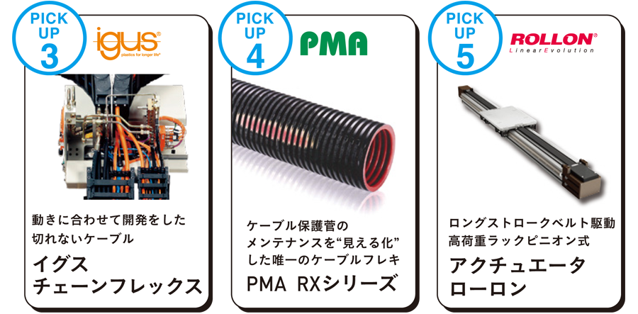 みどころ3　igus イグス チェーンフレックス 動きに合わせて開発をした切れないケーブル
みどころ4　PMA RXシリーズ ケーブル保護菅のメンテナンスを“見える化”した唯一のケーブルフレキ
みどころ5　ROLLON アクチュエータ ローロン ロングストロークベルト駆動 高荷重ラックピニオン式